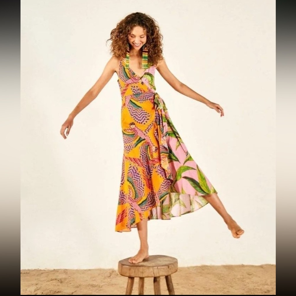 FARM RIO Mixed Print Beaded Macaw Pink Foliage maxi dress L NWT